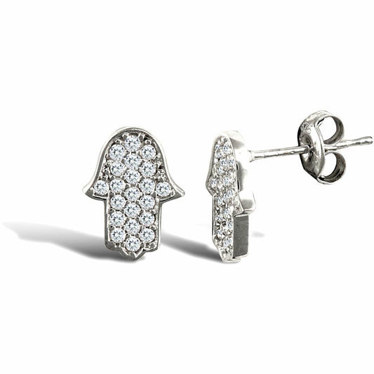 9ct White Gold CZ Chamsa Hand Stud Earrings - JES326