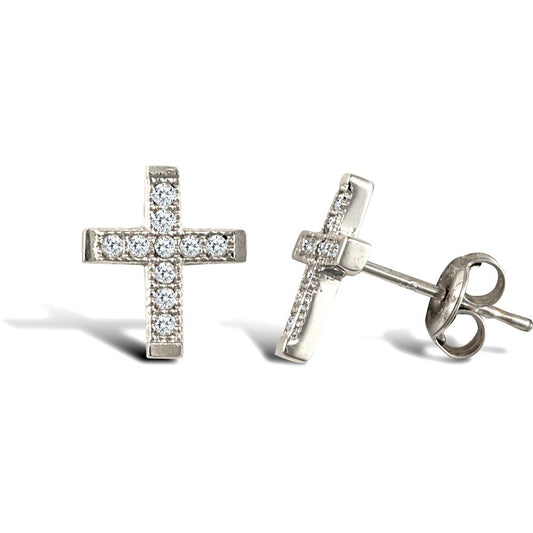 9ct White Gold CZ Mini Cross Stud Earrings - JES327