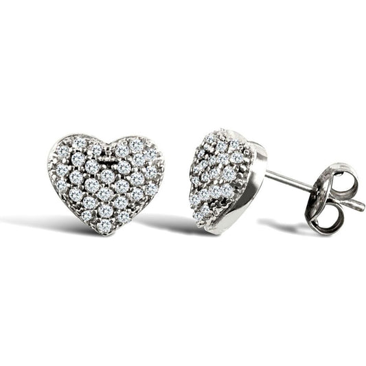 9ct White Gold CZ Domed Pave Love Stud Earrings - JES329