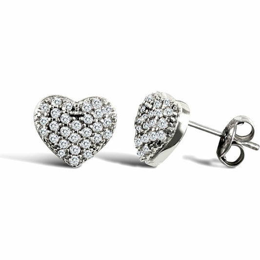 9ct White Gold CZ Domed Pave Love Stud Earrings - JES329