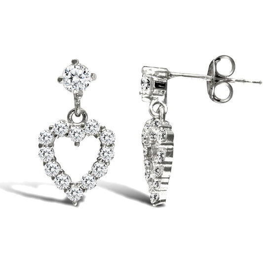 9ct White Gold CZ Love Stud Drop Earrings - JES331