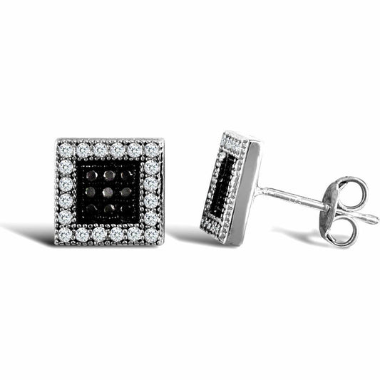 9ct White Gold Black and White CZ Square Stud Earrings - JES332