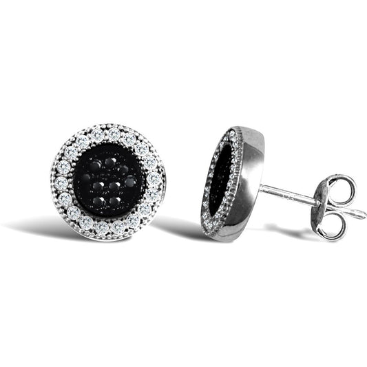 9ct White Gold Black and White CZ Circle Disc Stud Earrings - JES333