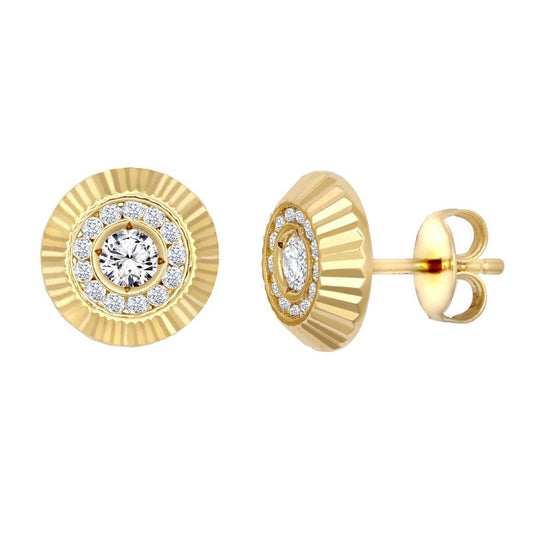 9ct Gold CZ Fluted Bezel Sunburst Stud Earrings, 10mm - JES348