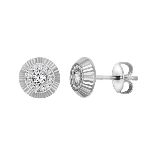 9ct White Gold CZ Fluted Bezel Sunburst Stud Earrings, 8mm - JES349