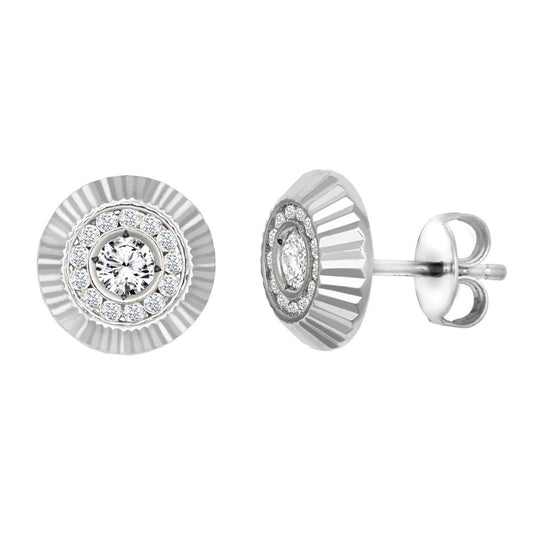 9ct White Gold CZ Fluted Bezel Sunburst Stud Earrings, 10mm - JES350