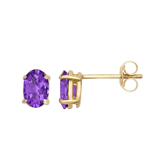 9ct Gold Purple Oval Amethyst Solitaire Stud Earrings 6x4mm - JES369