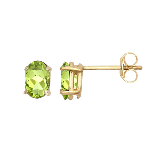 9ct Gold Light Green Oval Peridot Solitaire Stud Earrings 6x4mm - JES373