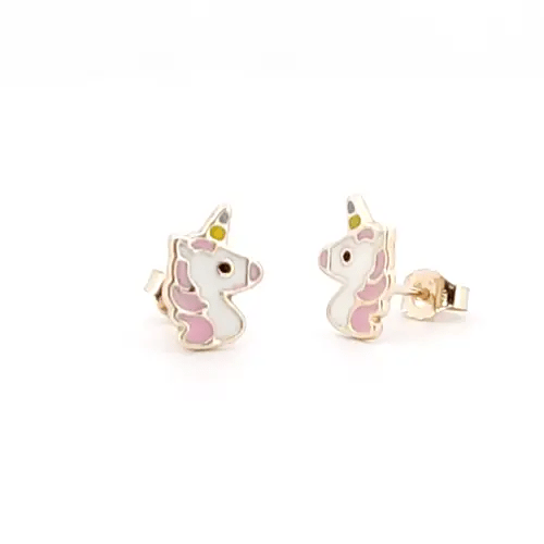 9ct Gold Enamel Cute Cartoon Unicorn Stud Earrings 9mm - JES374