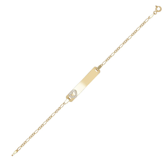 9ct Gold CZ Love Heart Figaro Identity ID Bracelet, 6 inch 15cm - JID041