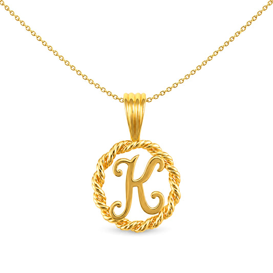 Solid 9ct Gold Rope Identity Initial Charm Pendant Letter K - JIN001-K