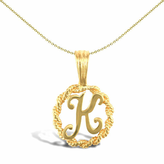 Solid 9ct Gold Rope Identity Initial Charm Pendant Letter K - JIN001-K