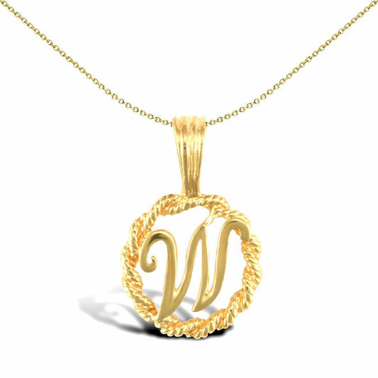 Solid 9ct Gold Rope Identity Initial Charm Pendant Letter W - JIN001-W