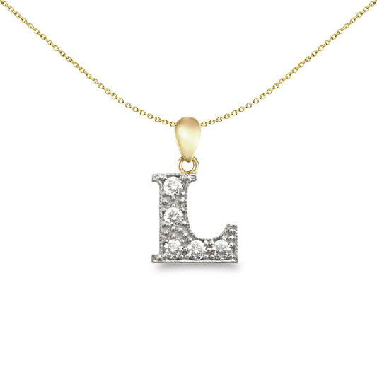 9ct 2-Colour Gold CZ Pave Identity Initial Charm Pendant Letter L - JIN012-L