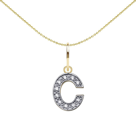 9ct 2-Colour Gold CZ 10mm Block Font Initial Pendant Letter C - JIN021-C