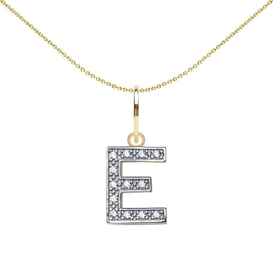 9ct 2-Colour Gold CZ 10mm Block Font Initial Pendant Letter E - JIN021-E