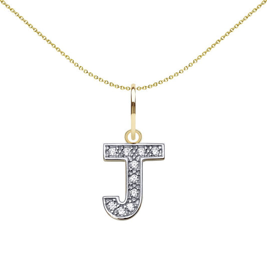 9ct 2-Colour Gold CZ 10mm Block Font Initial Pendant Letter J - JIN021-J