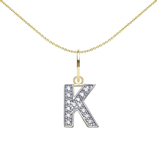 9ct 2-Colour Gold CZ 10mm Block Font Initial Pendant Letter K - JIN021-K