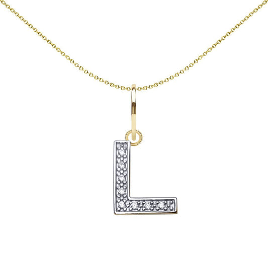 9ct 2-Colour Gold CZ 10mm Block Font Initial Pendant Letter L - JIN021-L