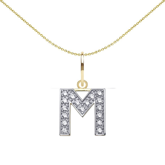 9ct 2-Colour Gold CZ 10mm Block Font Initial Pendant Letter M - JIN021-M
