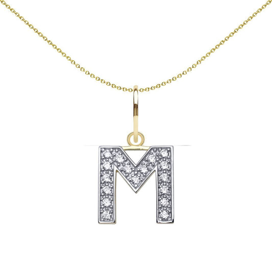 9ct 2-Colour Gold CZ 10mm Block Font Initial Pendant Letter M - JIN021-M