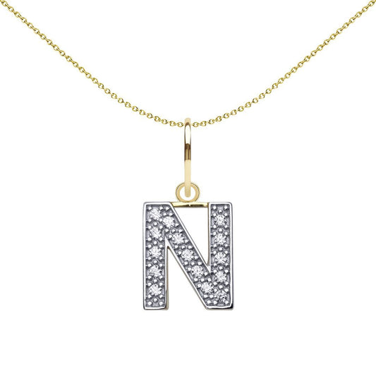 9ct 2-Colour Gold CZ 10mm Block Font Initial Pendant Letter N - JIN021-N