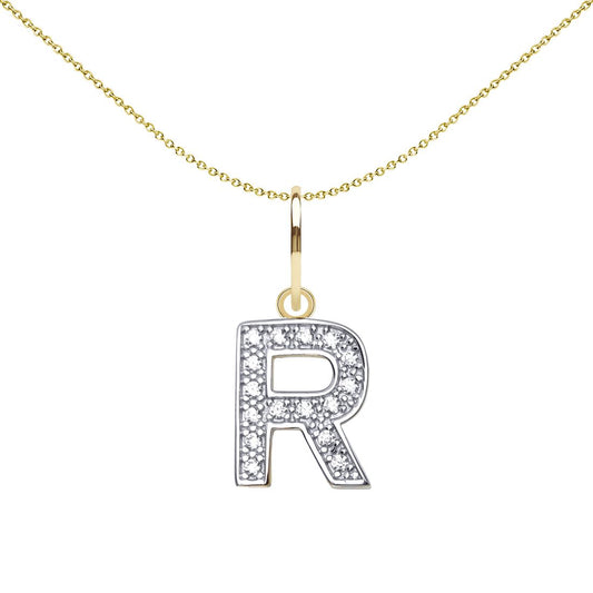 9ct 2-Colour Gold CZ 10mm Block Font Initial Pendant Letter R - JIN021-R