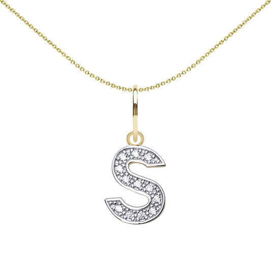 9ct 2-Colour Gold CZ 10mm Block Font Initial Pendant Letter S - JIN021-S