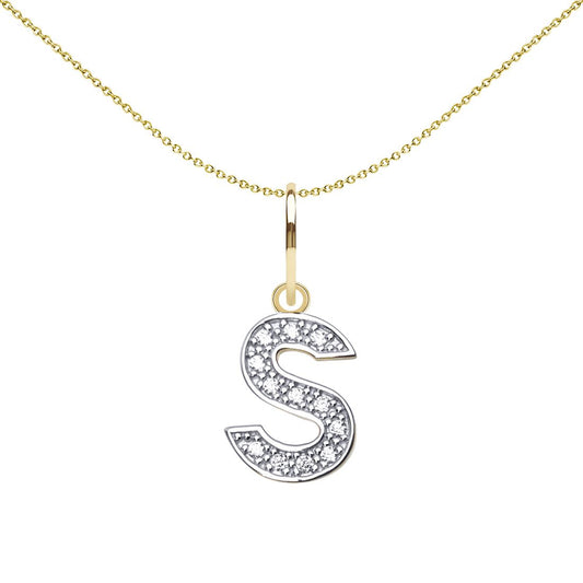 9ct 2-Colour Gold CZ 10mm Block Font Initial Pendant Letter S - JIN021-S