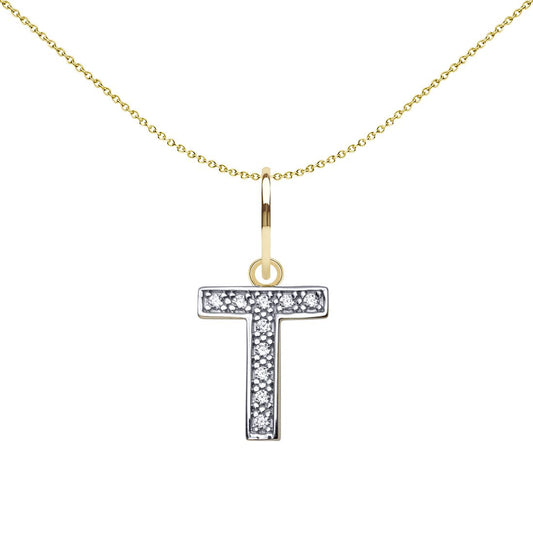 9ct 2-Colour Gold CZ 10mm Block Font Initial Pendant Letter T - JIN021-T