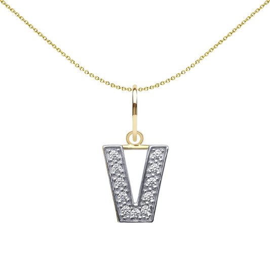 9ct 2-Colour Gold CZ 10mm Block Font Initial Pendant Letter V - JIN021-V