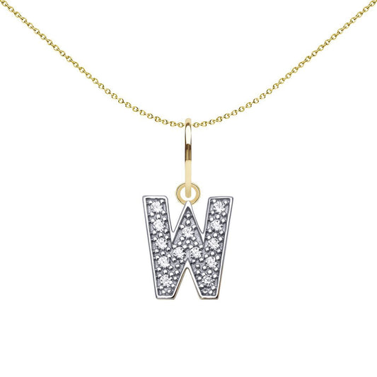 9ct 2-Colour Gold CZ 10mm Block Font Initial Pendant Letter W - JIN021-W