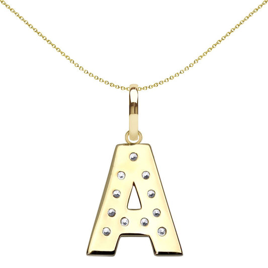 9ct 2-Colour Gold CZ 15mm Block Font Initial Pendant Letter A - JIN022-A