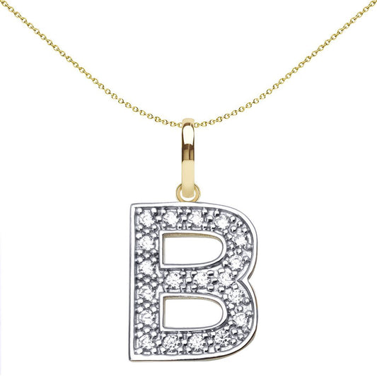9ct 2-Colour Gold CZ 15mm Block Font Initial Pendant Letter B - JIN022-B
