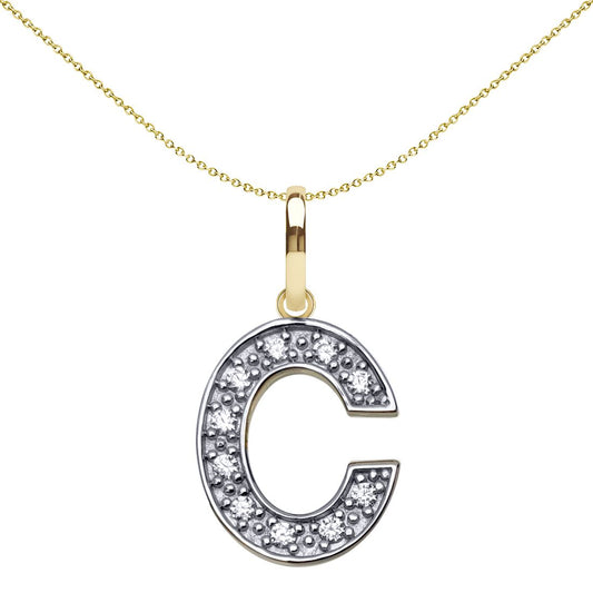 9ct 2-Colour Gold CZ 15mm Block Font Initial Pendant Letter C - JIN022-C