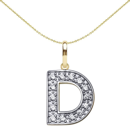 9ct 2-Colour Gold CZ 15mm Block Font Initial Pendant Letter D - JIN022-D