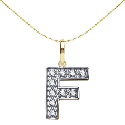9ct 2-Colour Gold CZ 15mm Block Font Initial Pendant Letter F - JIN022-F