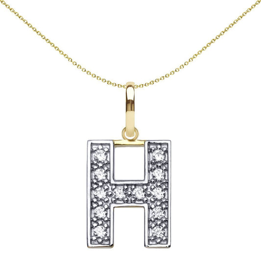 9ct 2-Colour Gold CZ 15mm Block Font Initial Pendant Letter H - JIN022-H