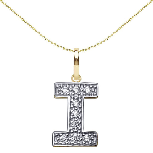 9ct 2-Colour Gold CZ 15mm Block Font Initial Pendant Letter I - JIN022-I