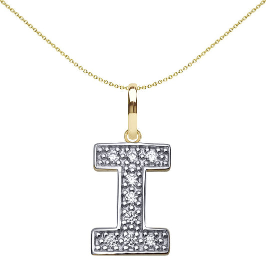 9ct 2-Colour Gold CZ 15mm Block Font Initial Pendant Letter I - JIN022-I