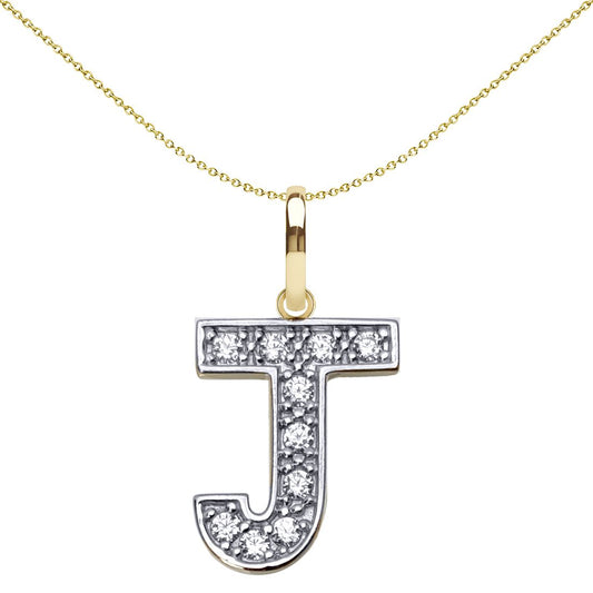 9ct 2-Colour Gold CZ 15mm Block Font Initial Pendant Letter J - JIN022-J