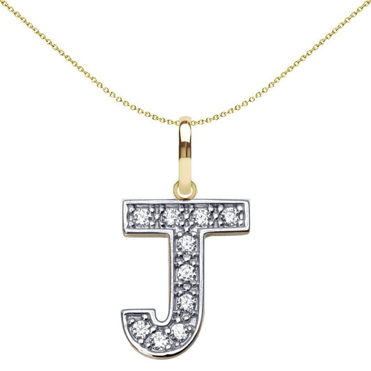 9ct 2-Colour Gold CZ 15mm Block Font Initial Pendant Letter J - JIN022-J