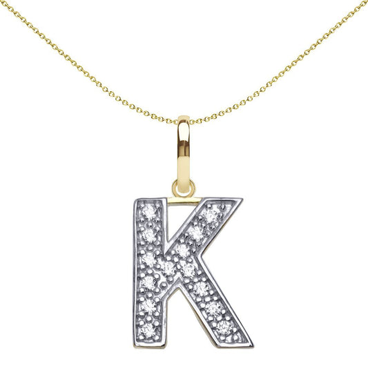 9ct 2-Colour Gold CZ 15mm Block Font Initial Pendant Letter K - JIN022-K