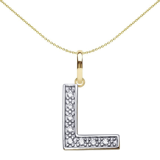 9ct 2-Colour Gold CZ 15mm Block Font Initial Pendant Letter L - JIN022-L