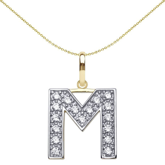 9ct 2-Colour Gold CZ 15mm Block Font Initial Pendant Letter M - JIN022-M