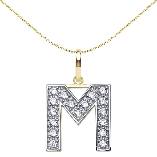 9ct 2-Colour Gold CZ 15mm Block Font Initial Pendant Letter M - JIN022-M