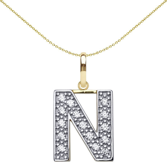 9ct 2-Colour Gold CZ 15mm Block Font Initial Pendant Letter N - JIN022-N