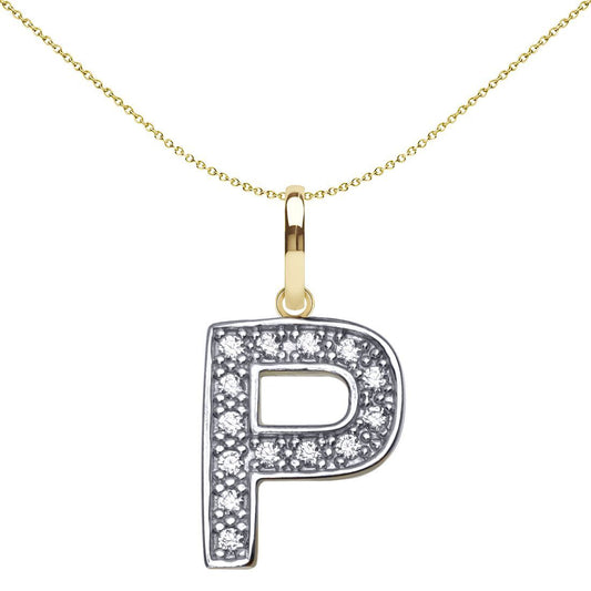 9ct 2-Colour Gold CZ 15mm Block Font Initial Pendant Letter P - JIN022-P