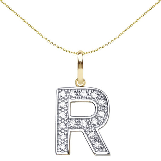9ct 2-Colour Gold CZ 15mm Block Font Initial Pendant Letter R - JIN022-R