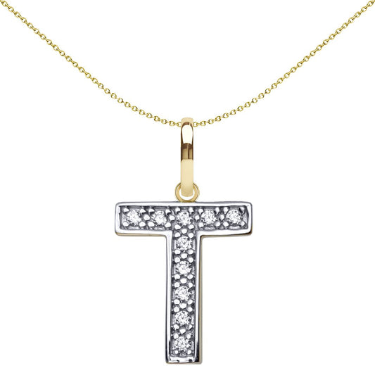 9ct 2-Colour Gold CZ 15mm Block Font Initial Pendant Letter T - JIN022-T